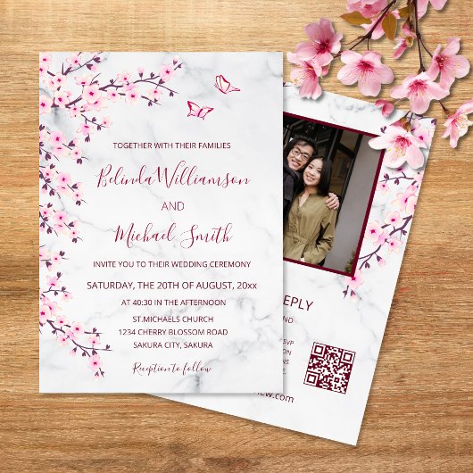QR-Code Foto Kirschblüten Marmorhochzeit Einladung