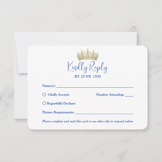 QR Code & Foto Quinceañera Gold Crown Royal Blue RSVP Karte (Vorderseite)