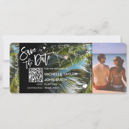QR Code Foto Save the Date Boarding Pass Einladung (Vorderseite)