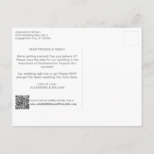 QR Code Foto Script Hinweis Save the Date Ankündigungspostkarte (Rückseite)