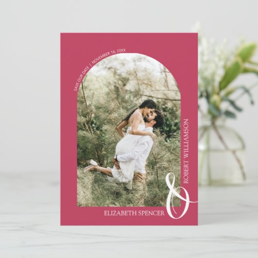 QR Code Foto Wedding Magenta Save The Date (Stehend Vorderseite)