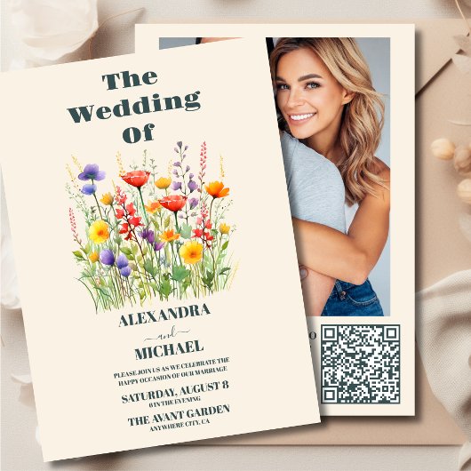 QR Code Foto Wildblume Wedding Boho Country Einladung