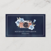 QR-Code-Fotograf der Navy Blue Floral Camera Visitenkarte (Vorderseite)