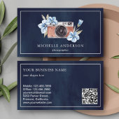 QR-Code-Fotograf der Navy Blue Floral Camera Visitenkarte