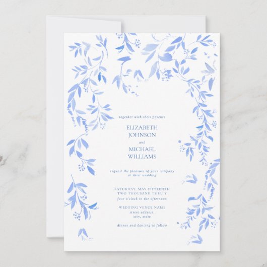QR Code French Blue Floral Botanical Wedding Einladung (Vorderseite)