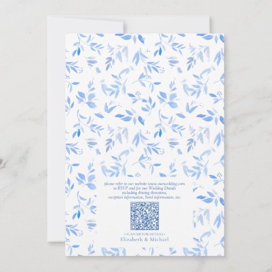 QR Code French Blue Floral Botanical Wedding Einladung (Rückseite)