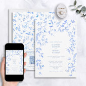 QR Code French Blue Floral Botanical Wedding Einladung