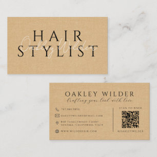 QR-Code Friseur Beige Faux-Leinen Visitenkarte
