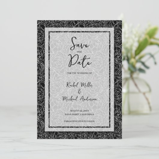 QR-Code für Bloral Black Wedding Save The Date (Stehend Vorderseite)