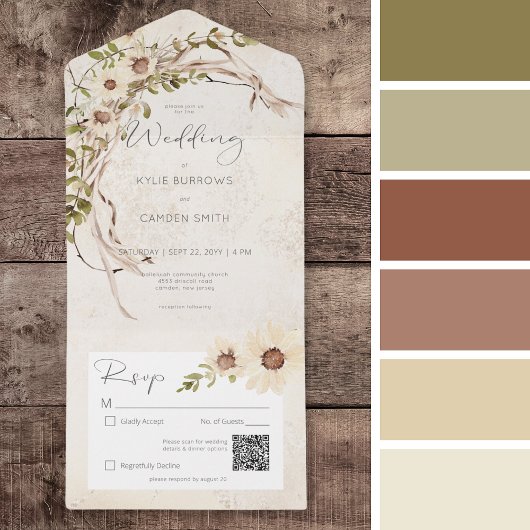 QR-Code für Boho Cream Daisies & Trockengras All In One Einladung