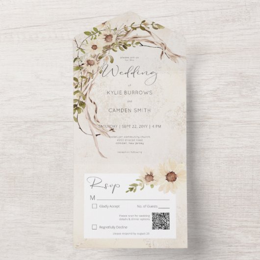 QR-Code für Boho Cream Daisies & Trockengras All In One Einladung (Innen Boden)