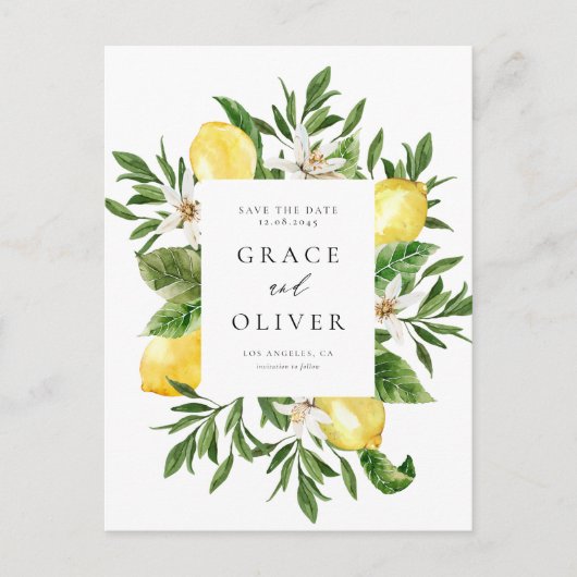 QR-Code für botanische Lemon-Blüten Save the Date Postkarte (Vorderseite)