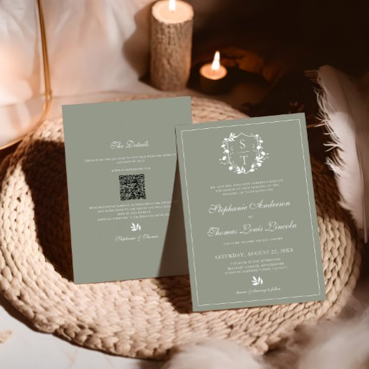 QR-Code für botanisches Wappen Sage Green Wedding Einladung