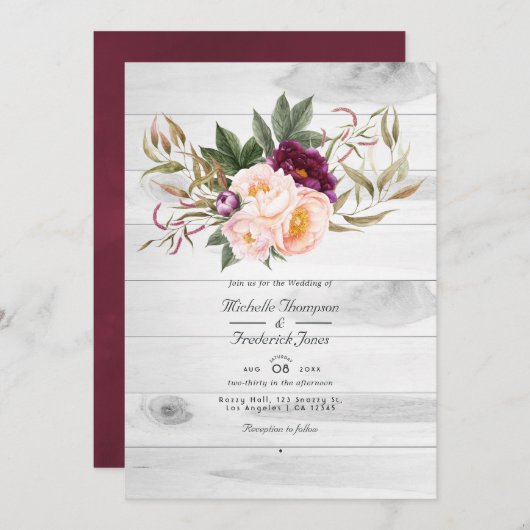 QR-Code für Burgund und Peach Rustic Floral Weddin Einladung (Vorne/Hinten)