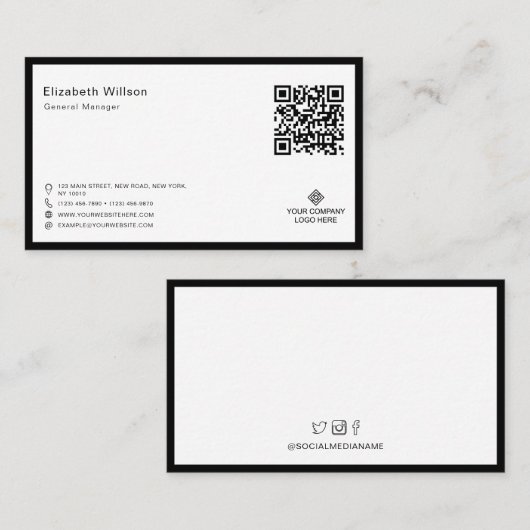 QR-Code für Chic Black & White Frame Business-Logo Visitenkarte (Vorne/Hinten)