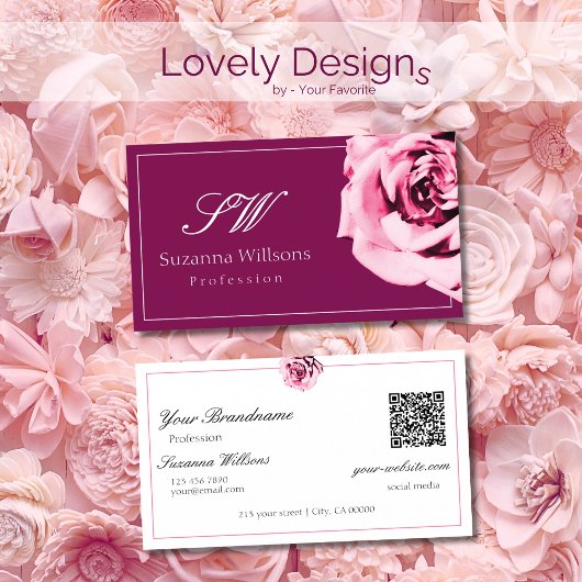 QR-Code für Chic Wine Red and White Pink Rose Init Visitenkarte