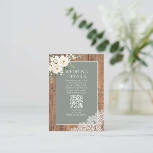 QR-Code für die Seite Green White Floral Lace Wood Begleitkarte (Stehend Vorderseite)