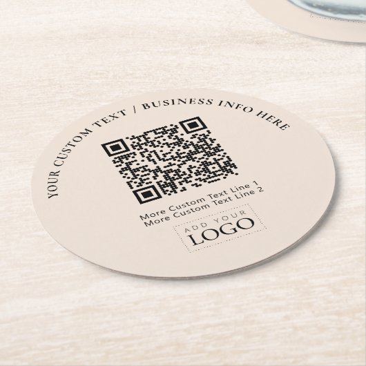 QR-Code für einfache Beige-Geschäftslogos Runder Pappuntersetzer (Angewinkelt)