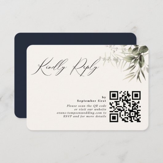 QR-Code für einfache Grünflächen Botanische Dunkle RSVP Karte (Vorne/Hinten)