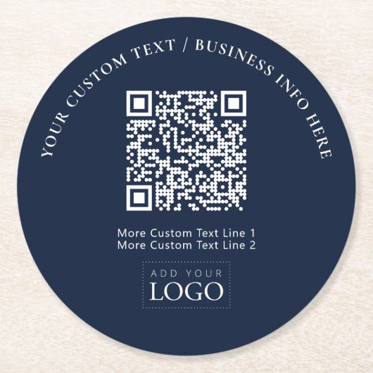 QR-Code für einfache Navy Blue Business-Logos Runder Pappuntersetzer (Vorderseite)