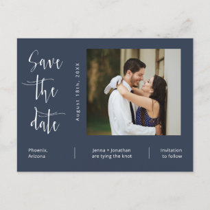 QR-Code für einfaches Navy Blue Foto Save the Date Postkarte