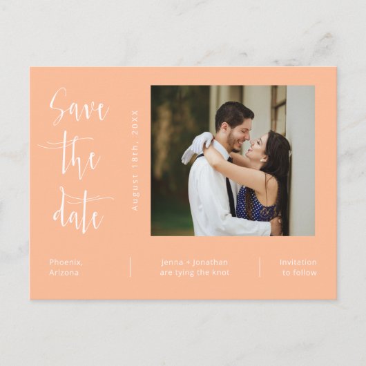 QR-Code für einfaches Peach-Foto Save the Date Postkarte (Vorderseite)