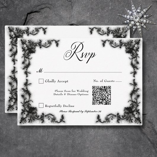 QR-Code für Gothic Black & White Filigree Herz RSVP Karte