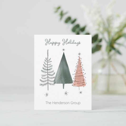 QR-Code für Happy Holidays Trees Business Company Postkarte (Stehend Vorderseite)