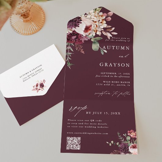 QR-Code für Herbst Romance Burgundy Floral Wedding All In One Einladung
