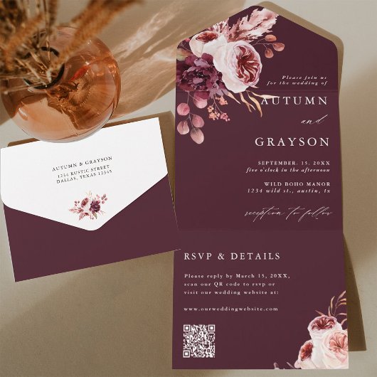 QR-Code für Herbst Romance Burgundy Floral Wedding All In One Einladung