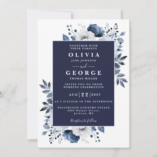 QR-Code für Hochzeit von Navy Blue Elegant Rustic  Einladung (Vorderseite)
