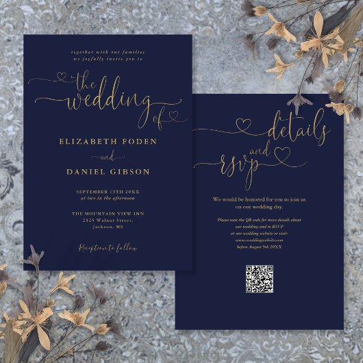 QR-Code für Hochzeit von Navy Blue und Gold Heart Einladung