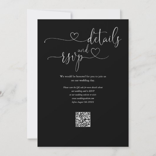 QR-Code für Hochzeit von Schwarz und Weiß-Herz Einladung (Rückseite)