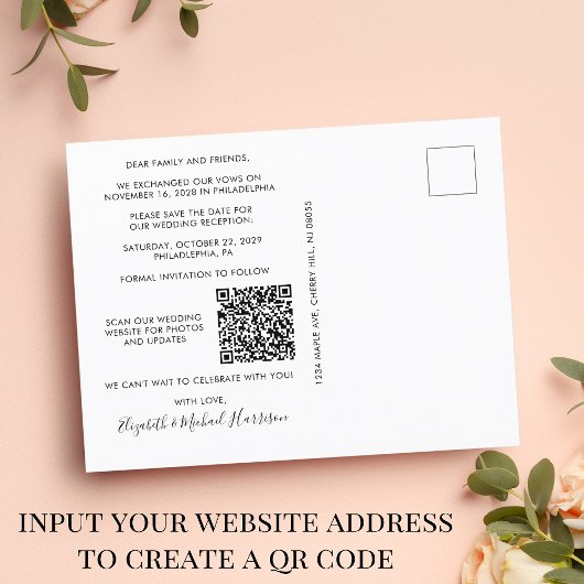 QR-Code für Hochzeitempfang Save the Date Ankündigungspostkarte