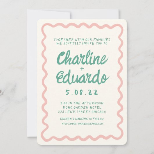 QR-Code für Hochzeiten mit Wavy Pink und Green Han Einladung (Vorderseite)