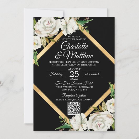 QR-Code für Hochzeiten mit weißem schwarzem Gold Einladung (Vorderseite)