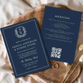 QR-Code für Hochzeiten von Navy Blue Floral Wappen Einladung