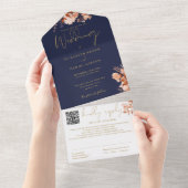 QR-Code für Hochzeiten von Navy Blue und Gold mit All In One Einladung (Abreißen)