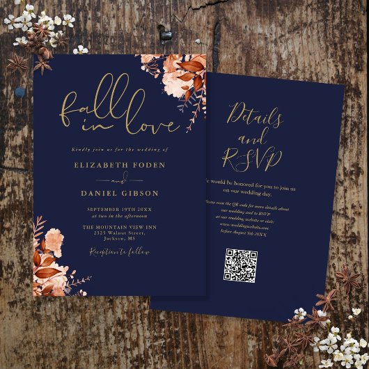 QR-Code für Hochzeiten von Navy Blue und Gold mit  Einladung