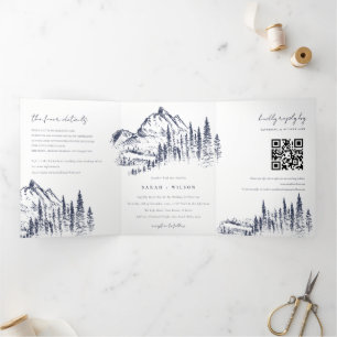 QR-Code für Hochzeiten von Navy Pine Woods Mountai Dreifach Gefaltete Ankündigung
