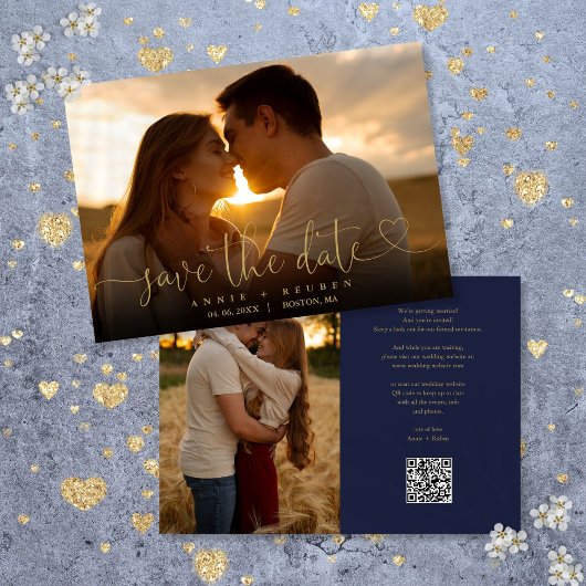 QR-Code für Hochzeiten von Navy und Gold Heart Scr Save The Date