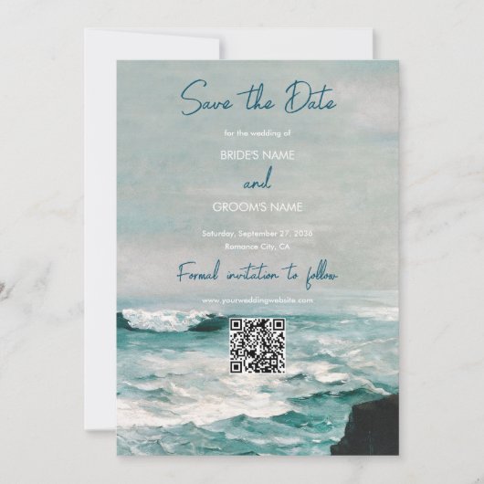 QR-Code für Hochzeiten von Wasserfarben-Ocean-Mono Save The Date (Vorderseite)