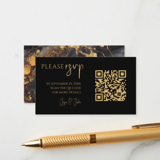 QR-Code für Hochzeitsfeiern in Schwarz-Gold-Marmor Begleitkarte (Vorderseite/Rückseite Beispiel)