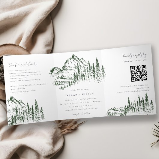 QR-Code für Hochzeitsskizzen von grünen Pine Woods Dreifach Gefaltete Ankündigung
