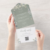 QR-Code für Hochzeitsszenierungen mit grünen Blume All In One Einladung (Abreißen)