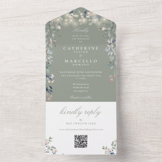 QR-Code für Hochzeitsszenierungen mit grünen Blume All In One Einladung (Innen Boden)