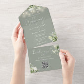 QR-Code für Hochzeitsszenierungen mit grünen Blume All In One Einladung (Abreißen)