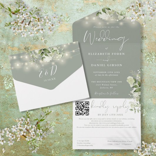 QR-Code für Hochzeitsszenierungen mit grünen Blume All In One Einladung