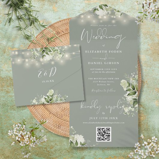 QR-Code für Hochzeitsszenierungen mit grünen Blume All In One Einladung
