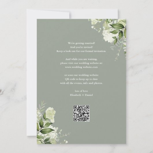 QR-Code für Hochzeitsszenierungen mit grünen Blume Save The Date (Rückseite)